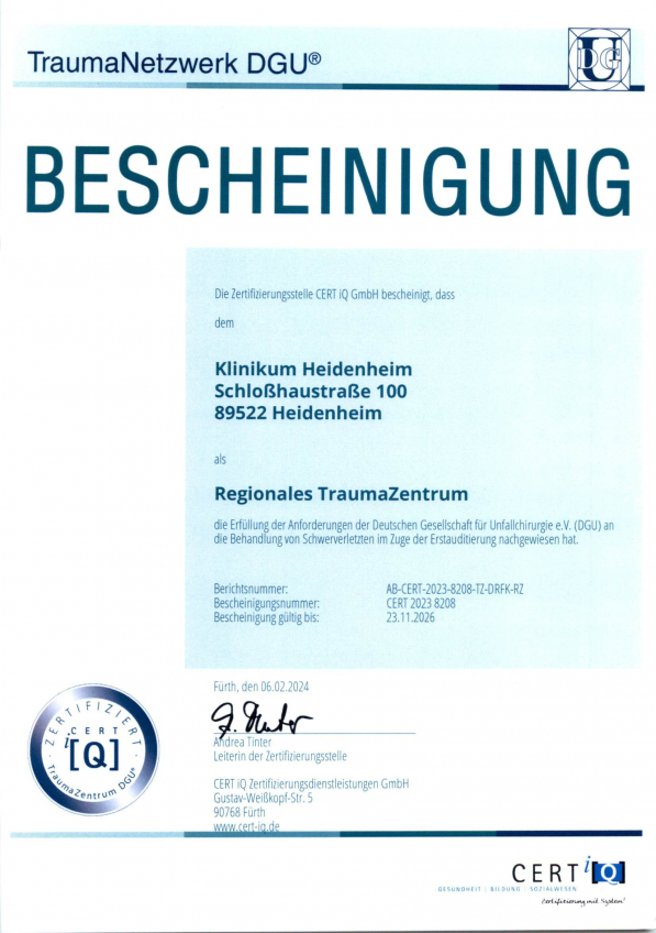 Zertifikat Traumazentrum 
Klinikum Heidenheim